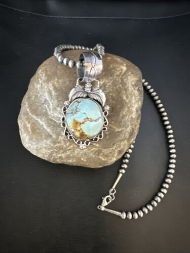 Navajo Blue Golden Hills Turquoise Pendant | Sterling Silver Pearls Necklace | Authentic Native American Handmade | 14994