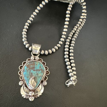 Navajo Blue Turquoise Pendant Necklace | Sterling Silver Pearls | Authentic Native American Handmade | 15644