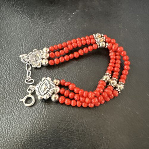 Womens Red Coral 3 Strands Bead Sterling Silver Bracelet 7.5