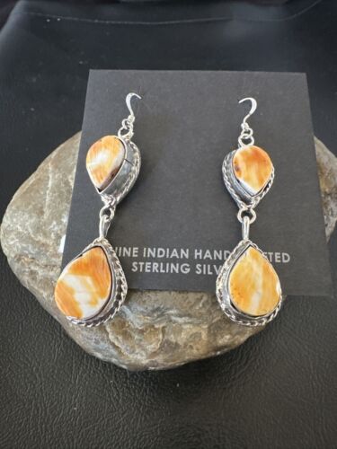 Navajo Orange Spiny Oyster Dangle Earrings | Sterling Silver | 1.5" | Authentic Native American Handmade | 16572