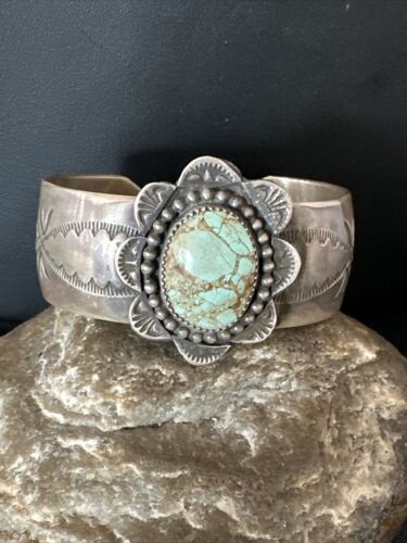 XL Men's Blue #8 Turquoise Cuff Bracelet | Navajo Sterling Silver | Authentic Native American Handmade | 15855