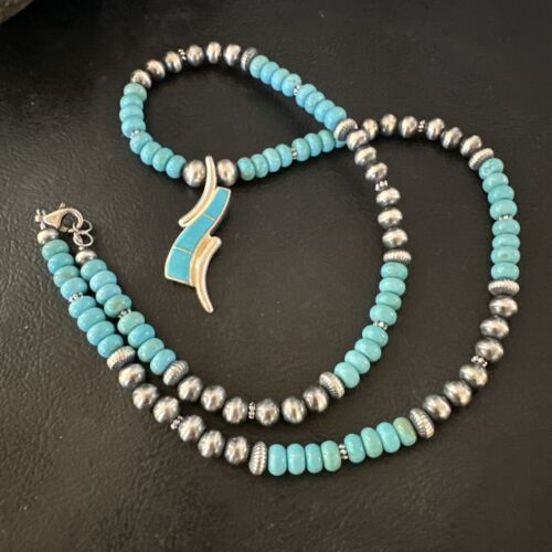 Navajo Blue Kingman Turquoise Inlay Pendant Necklace | Sterling Silver | 21" | Authentic Native American Handmade | 16931
