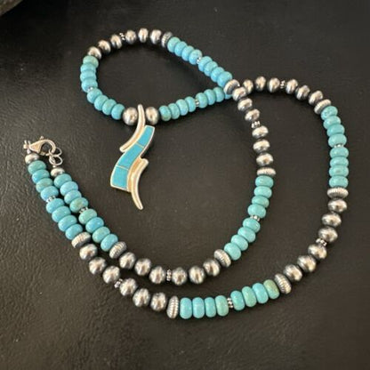 Navajo Blue Kingman Turquoise Inlay Pendant Necklace | Sterling Silver | 21" | Authentic Native American Handmade | 16931