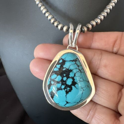Men's Blue Spiderweb Turquoise Pendant Necklace | Navajo Sterling Silver | Authentic Native American Handmade | 14972