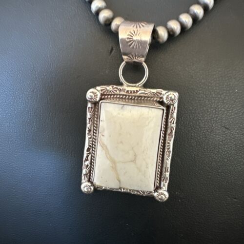 Navajo White Buffalo Turquoise Pendant | Sterling Silver Pearls Necklace | Authentic Native American Handmade | 17101