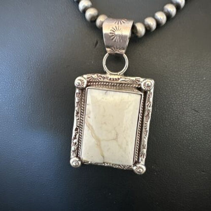 Navajo White Buffalo Turquoise Pendant | Sterling Silver Pearls Necklace | Authentic Native American Handmade | 17101
