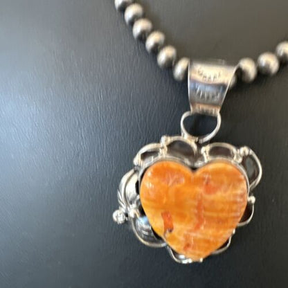 Navajo Orange Spiny Oyster Heart Pendant Necklace | Sterling Silver | Authentic Native American Handmade | 16447