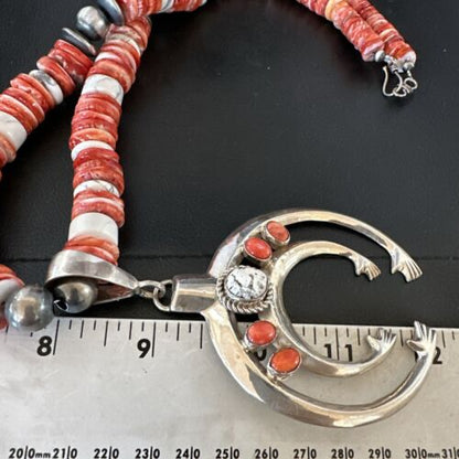Navajo White Buffalo Spiny Oyster Naja Pendant Necklace | Sterling Silver | 25" | Authentic Native American Handmade | 17421