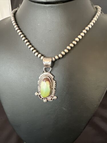 Navajo Royston Turquoise Pendant Necklace | Sterling Silver Pearls | Authentic Native American Handmade | 17060