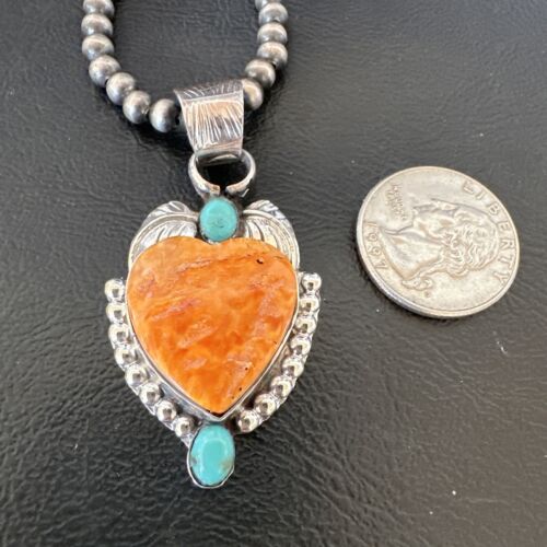 Navajo Spiny Oyster Heart | Turquoise Pendant Necklace | Sterling Silver | Authentic Native American Handmade | 16457