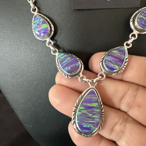 Navajo Purple Opal Lariat Necklace Set | Sterling Silver Pendant & Earrings | Authentic Native American Handmade | 16258 - Masha USA