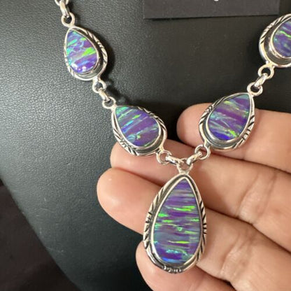 Navajo Purple Opal Lariat Necklace Set | Sterling Silver Pendant & Earrings | Authentic Native American Handmade | 16258 - Masha USA