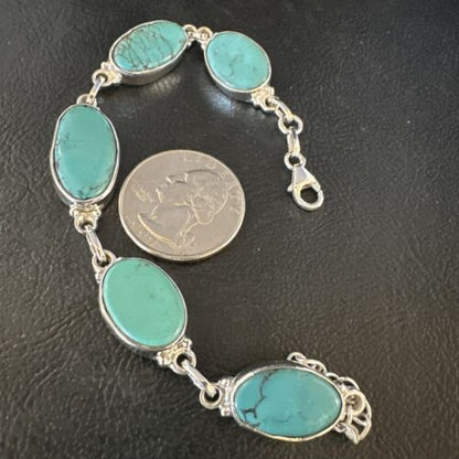 Navajo Blue Turquoise Link Bracelet | Sterling Silver | 8" | Authentic Native American Handmade | 15467