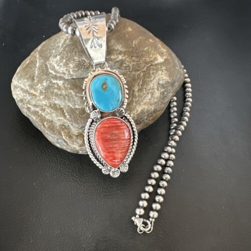 Navajo Blue Kingman Turquoise Spiny Pendant Necklace | Sterling Silver | Multi-Stone | 16824