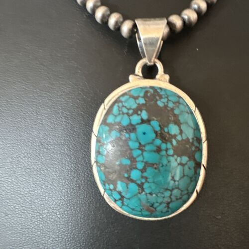 Men's Navajo Blue Spiderweb Turquoise Pendant Necklace | Sterling Silver | Authentic Native American Handmade | 16196