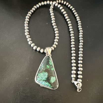 Men's Navajo Sterling Silver Necklace Pendant | Green Spiderweb Turquoise | Authentic Native American Handmade | 16215