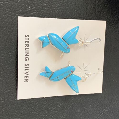 Navajo Blue Turquoise Hummingbird Earrings | Sterling Silver | 1" | Authentic Native American Handmade | 01424