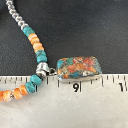 Navajo Spiny Turquoise Pendant Necklace | Sterling Silver | 21" | Authentic Native American Handmade | 17513