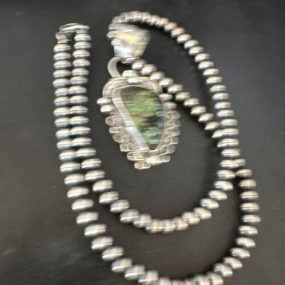 Navajo Green Spiderweb Turquoise Pendant Necklace | Sterling Silver | Native American Handmade | 15100