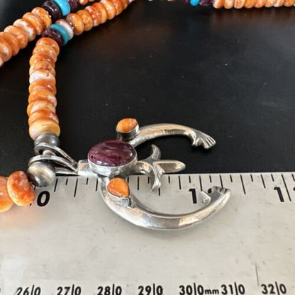 Navajo Orange Purple Spiny Oyster Naja Pendant Necklace | Sterling Silver | Authentic Native American Handmade | 15261
