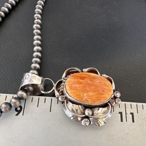 Navajo Orange Spiny Oyster Pendant Necklace | Sterling Silver Pearls | Authentic Native American Handmade | 16558