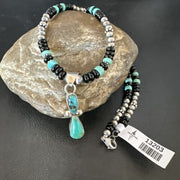 Navajo Men's Blue Turquoise Pendant with Pearls | Sterling Silver Onyx Necklace | Native American Handmade | 13203
