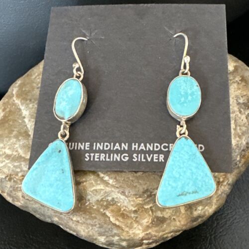 Navajo Blue Kingman Turquoise Dangle Earrings | Sterling Silver | Authentic Native American Handmade | 15103