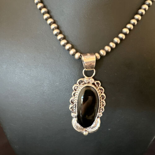 Men's Navajo Pearls Black Onyx Necklace Pendant | Sterling Silver | Authentic Native American Handmade | 16534 - Masha USA