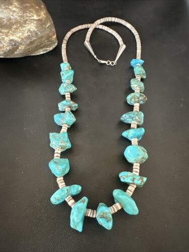 Navajo Kingman Turquoise Shell Heishi Bead Necklace | Sterling Silver | 28" | Authentic Native American Handmade | 17448