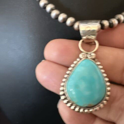 Navajo Pearls Kingman Turquoise Pendant Necklace | Sterling Silver | Native American Handmade | 17135