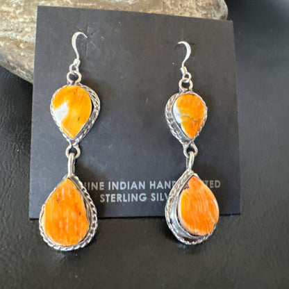 Navajo Orange Spiny Oyster Dangle Earrings | Sterling Silver | 1.5" | Authentic Native American Handmade | 16562