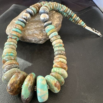 Navajo Green Turquoise Graduated Necklace | Sterling Silver Pearls | Authentic Native American | 21" | 17004
