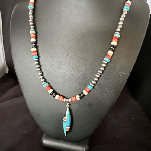 Navajo Turquoise Spiny Oyster Inlay Pendant Necklace | Sterling Silver | Authentic Native American Handmade | 13560