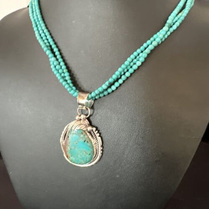 Navajo Blue Turquoise Pendant | Sterling Silver 3-Strand Bead Necklace | 17" | Authentic Native American Handmade | 15997