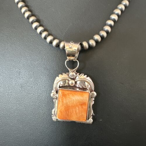 Navajo Orange Spiny Oyster Pendant Necklace | Sterling Silver | 20" | Authentic Native American Handmade | 16142