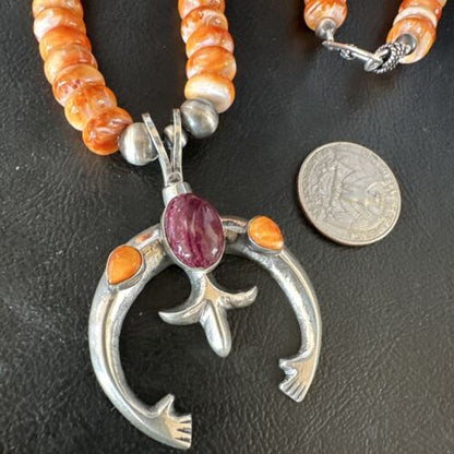 Navajo Orange Purple Spiny Oyster Naja Pendant Necklace | Sterling Silver | Authentic Native American Handmade | 15261