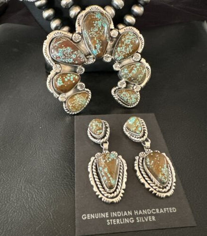 Navajo Blue Turquoise #8 Squash Blossom Necklace with Naja Earrings | Sterling Silver | 17204 - Masha USA
