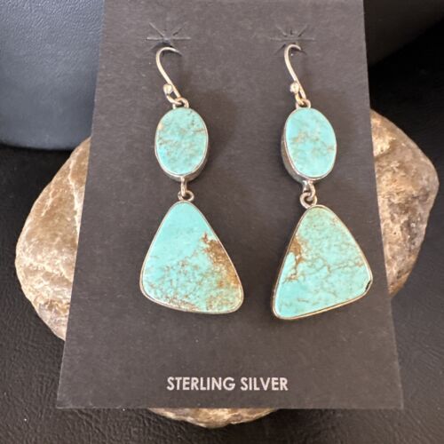 Navajo Blue Kingman Turquoise Dangle Earrings | Sterling Silver | Authentic Native American Handmade | 15124