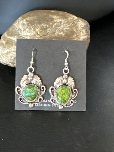 Navajo Green Sonoran Gold Turquoise Dangle Earrings | Sterling Silver | Authentic Native American Handmade | 14914