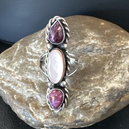 Navajo Purple Spiny Oyster & Mother of Pearl Cluster Ring | Authentic Native American Sterling Silver | Multi-Stone | Sz 7 | 17646