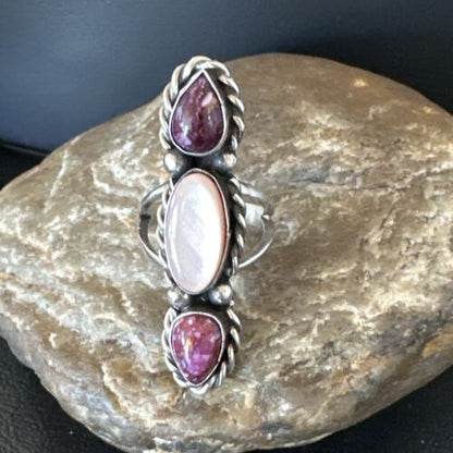 Navajo Purple Spiny Oyster & Mother of Pearl Cluster Ring | Authentic Native American Sterling Silver | Multi-Stone | Sz 7 | 17646
