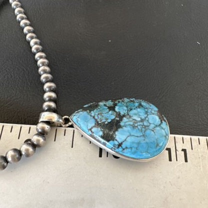 Men's Navajo Blue Spiderweb Turquoise Pendant Necklace | Sterling Silver | Authentic Native American Handmade | 16302