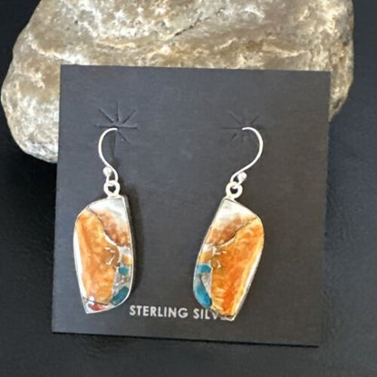 Navajo Blue Turquoise & Orange Spiny Oyster Inlay Dangle Earrings | Sterling Silver | Authentic Native American Handmade | 15580