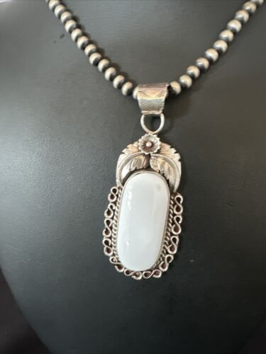 Navajo Pearls White Buffalo Turquoise Necklace Pendant | Sterling Silver | Authentic Native American Handmade | 15707