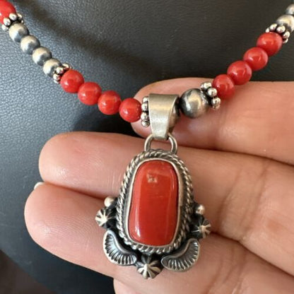 Southwestern Navajo Red Coral Pendant Necklace | Sterling Silver Pearls | 21" | 17538