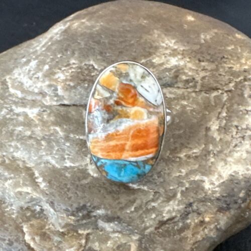Navajo Blue Turquoise Orange Spiny Oyster Ring | Sterling Silver | Sz 8 | Authentic Native American Handmade | 16621