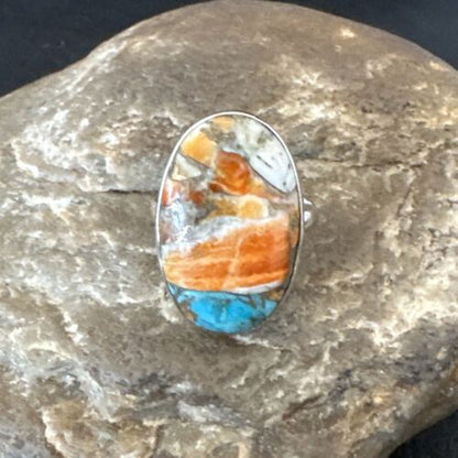 Navajo Blue Turquoise Orange Spiny Oyster Ring | Sterling Silver | Sz 8 | Authentic Native American Handmade | 16621