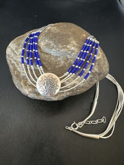 Concha Blue Lapis Heishi | Navajo Liquid Sterling Silver Necklace | 5 Strand | 20" | 15874