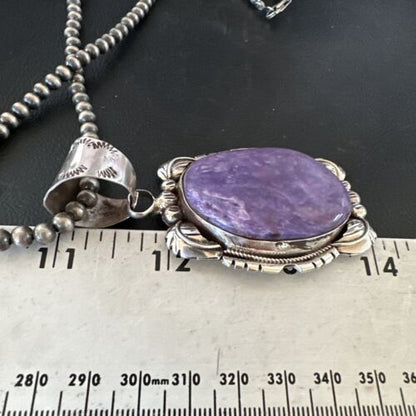 Navajo Purple Charoite Pendant with Pearls | Sterling Silver Necklace | Authentic Native American Handmade | 16653