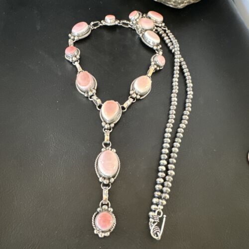 Navajo Pink Conch Lariat Necklace | Sterling Silver Pendant | 30" | Authentic Native American Handmade | 15869
